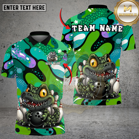 Maxcorners Funny Alligator Bowling Ball Cartoon Style Multicolor Options Personalized Name, Team Name 3D Shirt (4 Colors)