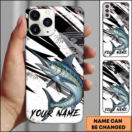 Maxcorners Fishing Marlin Black White Abstract Brush Strokes Personalized Name Phone Case