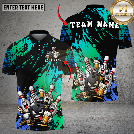 Maxcorners Angry Bowling Ball Beer Party Multicolor Options Personalized Name, Team Name 3D Shirt (4 Colors)