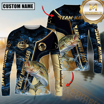 Maxcorners Largemouth Bass Fishing Ocean Wave Gold Luxury Pattern Personalized Name, Team Name Long Sleeve Shirt