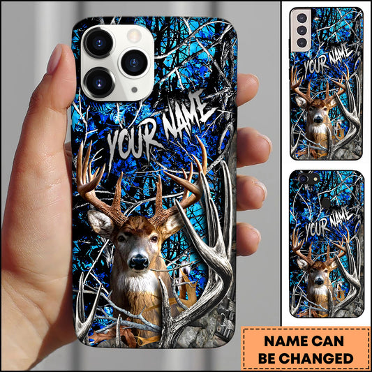Maxcorners Hunting Phone Case Realistic Whitetail Deer In Deep Forest Camo Background Personalized Name Phone Case | Blue