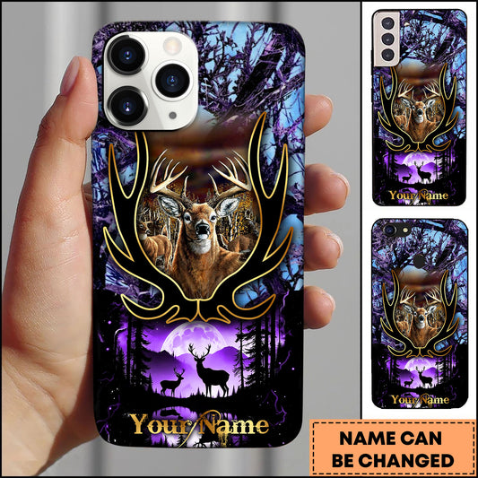 Maxcorners Hunting Phone Case Majestic Buck Antler Frame Full Moon Forest Camo Scene Personalized Name Phone Case | Purple