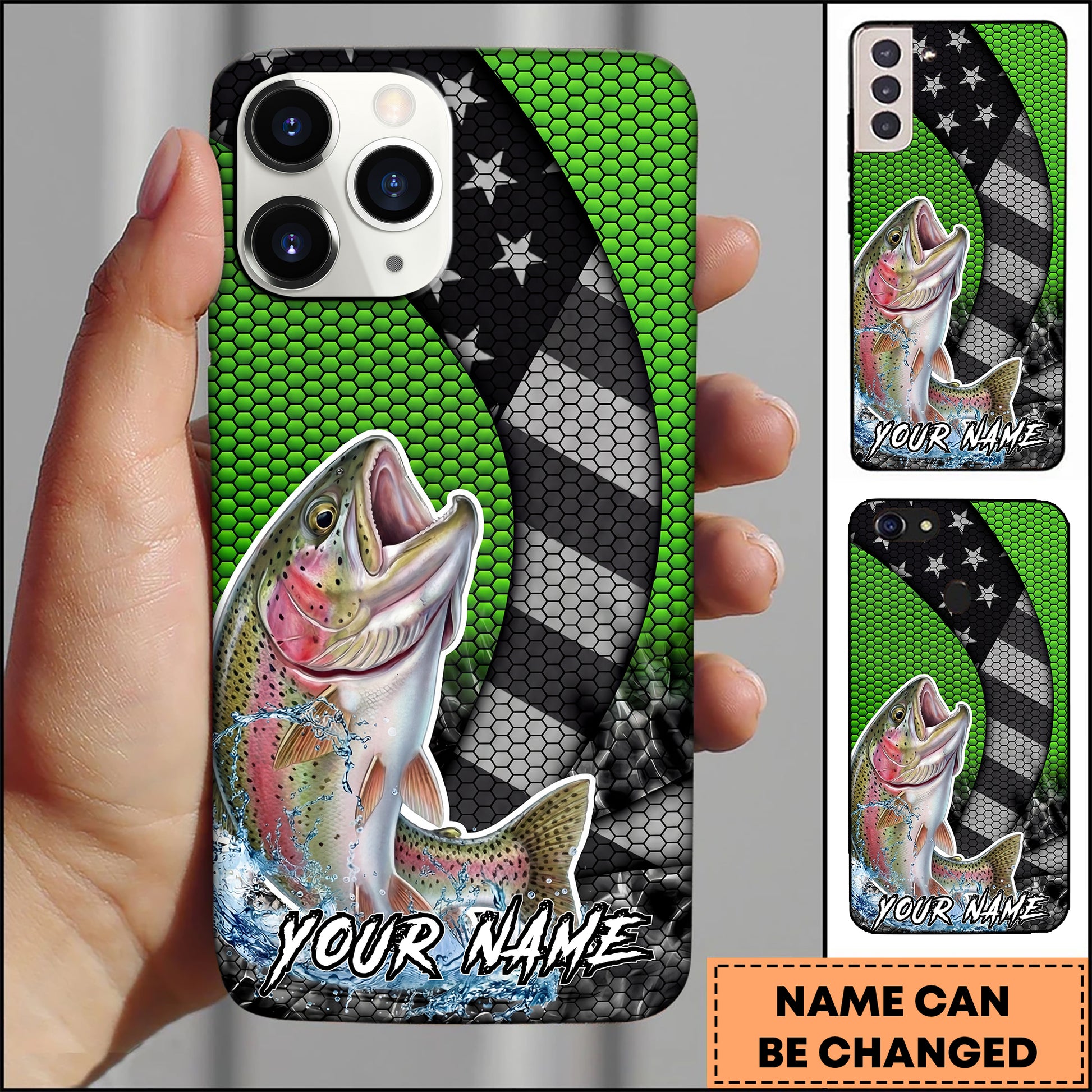 Maxcorners Trout Fishing Neon Green Honeycomb Wave Splash Personalized Maxcorners Trout Fishing Neon Green Honeycomb Wave Splash Personalized