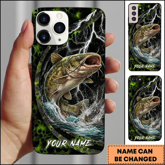 Maxcorners Bass Fishing Phone Case Neon Lightning Hexagon Water Splash Design Personalized Name Phone Case (12 Fish Species)