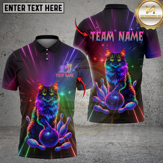 Maxcorners Neon Cat Bowling Shirt Rainbow Glow Strike Design Multicolor Options Personalized Name, Team Name 3D Shirt (4 Colors)