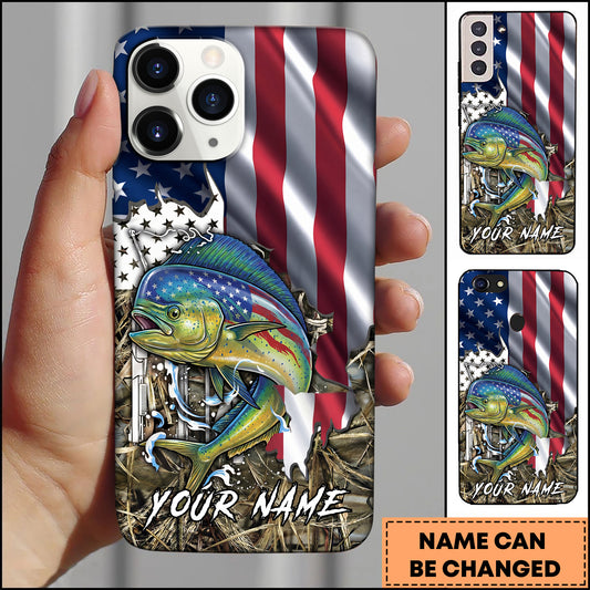 Maxcorners Mahi-Mahi Fishing American Flag Patriotic Vintage Camo Personalized Name Phone Case