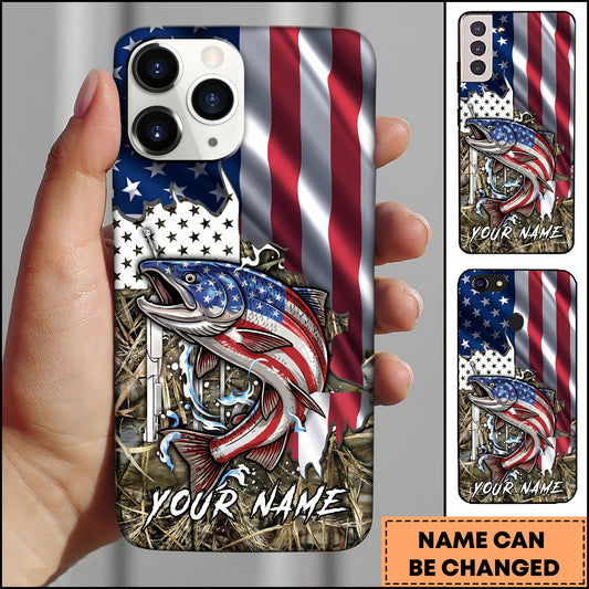 Maxcorners Chinook Fishing American Flag Patriotic Vintage Camo Personalized Name Phone Case