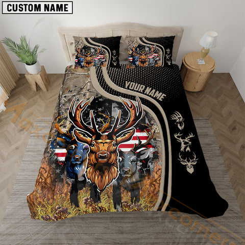 Maxcorners Deer Hunting American Flag Grass Brown Line Bedding Set 3D All Over Printed
