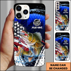 Maxcorners Walleye USA Flag Honeycomb Blue Red Splash Art Personalized Name Phone Case