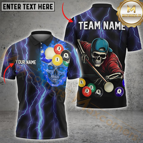 Maxcorners Billiard Blue Skull Thunder Lightning Customized Name, Team Name 3D Shirt