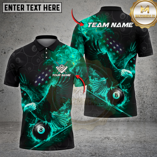 Maxcorners Billiards Shirt Flaming Eagle American Flag Fire Pool Graphic Multicolor Options Personalized Name, Team Name 3D Shirt (4 Colors)