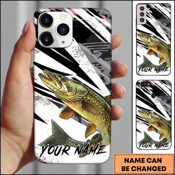 Maxcorners Fishing Pike Black White Abstract Brush Strokes Personalized Name Phone Case