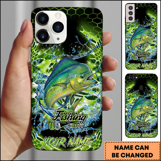 Maxcorners Mahi-mahi Fishing Neon Green Honeycomb Water Splash Personalized Name Phone Case