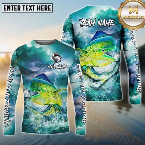 Maxcorners Mahi-Mahi Fishing Storm Ocean Style Pattern Sport Jersey Personalized Name, Team Name Long Sleeve Shirt