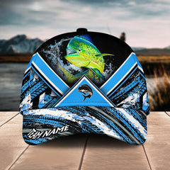 Maxcorners Mahi-Mahi Fishing Blue Tire Triangle Pattern Sport Pattern Personalized Name 3D Cap