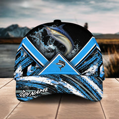 Maxcorners Marlin Fishing Blue Tire Triangle Pattern Sport Pattern Personalized Name 3D Cap