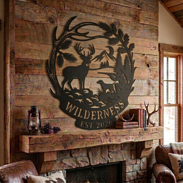 Maxcorners Personalized Deer Hunter Dog Wilderness Antler Moon Metal Sign Custom Name & Year Cabin Wall Decor