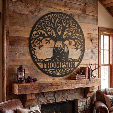 Maxcorners Personalized Bear Tree Of Life Mountain Forest Metal Sign Custom Family Name & Year Wilderness Cabin Decor