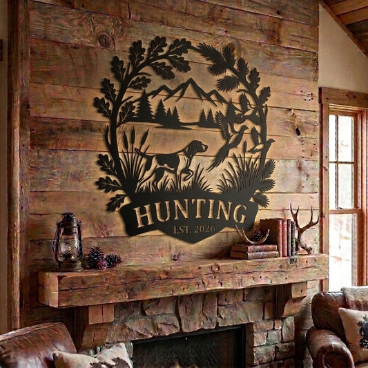 Maxcorners Custom Hunting Dog Duck Hunting Mountain Lake Metal Sign Personalized Family Name & Year Cabin Decor
