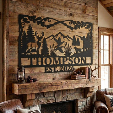 Maxcorners Personalized Deer Duck Hunter Dog Mountain Rifle Metal Sign Custom Family Name & Year Rectangle Cabin Wall Art