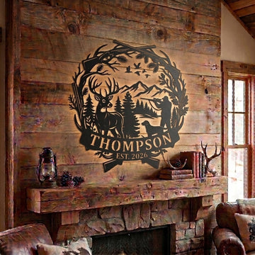 Maxcorners Personalized Deer Hunter Dog Duck Hunting Wreath Metal Sign Custom Family Name & Year Cabin Wall Art