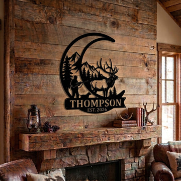 Maxcorners Custom Elk Hunter Dog Crescent Moon Mountain Metal Sign Personalized Family Name & Year Cabin Decor