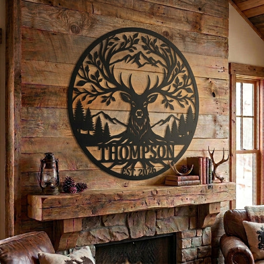 Maxcorners Personalized Deer Tree Of Life Antler Mountain Metal Sign Custom Family Name & Year Wilderness Cabin Decor