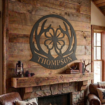 Maxcorners Custom Antler Clover Shamrock Metal Sign Personalized Family Name & Year Lucky Hunting Cabin Decor