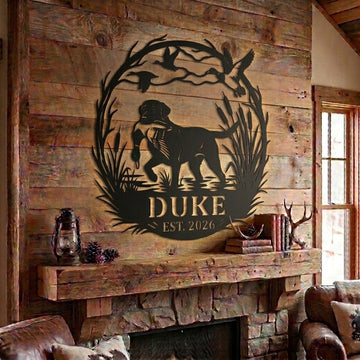 Maxcorners Personalized Hunting Dog Duck Retriever Metal Sign Custom Dog Name & Year Duck Hunting Cabin Decor