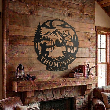 Maxcorners Custom Geometric Deer Head Mountain Metal Sign Personalized Family Name & Year Hunting Lodge Decor