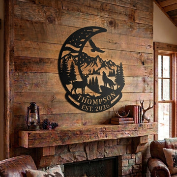 Maxcorners Personalized Deer Wolf American Flag Crescent Moon Mountain Metal Sign Custom Family Name & Year Cabin Wall Decor
