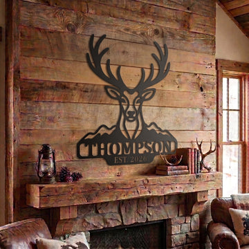 Maxcorners Personalized Minimalist Deer Head Mountain Metal Sign Custom Family Name & Year Cabin Wall Decor
