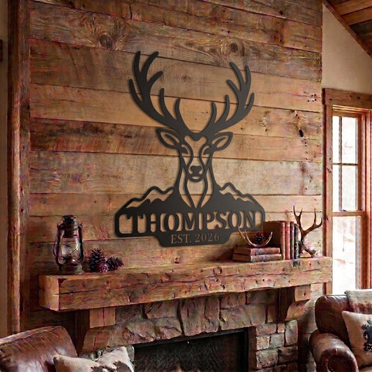Maxcorners Personalized Minimalist Deer Head Mountain Metal Sign Custom Family Name & Year Cabin Wall Decor