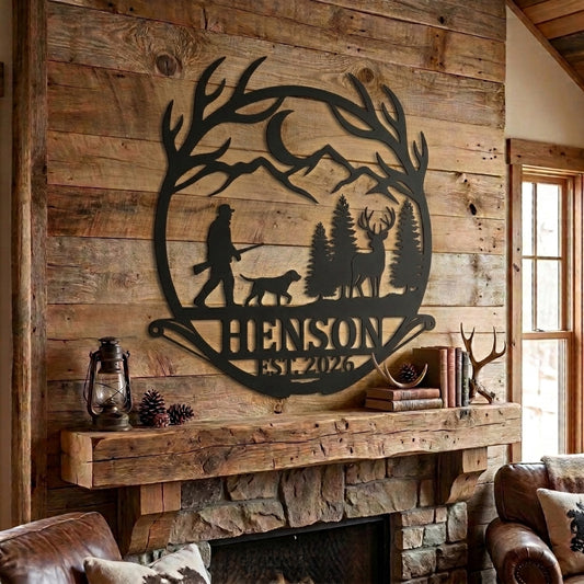 Maxcorners Personalized Hunter Walking With Dog Deer Forest Metal Sign Custom Name & Year Antler Moon Mountain Wall Art