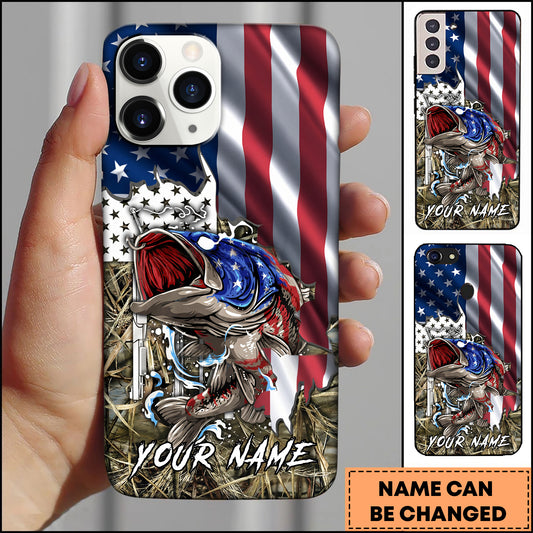 Maxcorners Bass Fishing American Flag Patriotic Vintage Camo Personalized Name Phone Case