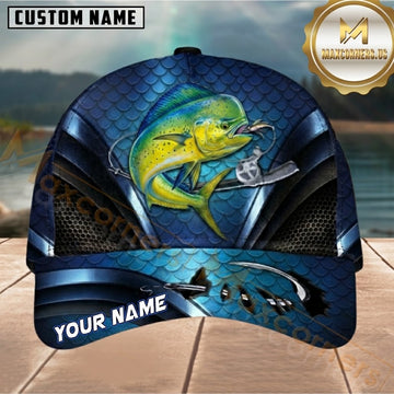 Maxcorners Fishing Deep Blue Fish Scale Metallic Mesh Customized Name 3D Cap