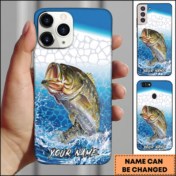 Maxcorners Bass Fishing Phone Case Aqua Water Splash Scale Pattern Design Personalized Fisherman Name Phone Case (12 Fish Species)