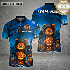 Maxcorners Halloween Bear Bowling Shirt Pumpkin Ball Spooky Graveyard Scene Custom Team Name Personalized Jersey (4 Colors)