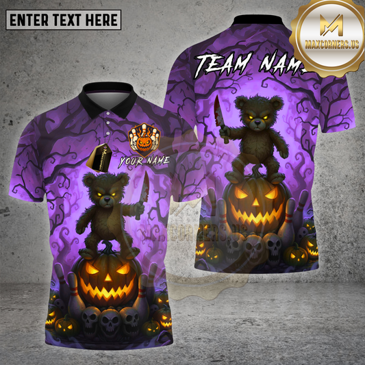 Maxcorners Scary Teddy Bear Bowling Shirt Knife Pumpkin Ball Creepy Forest Halloween Custom Team Name Jersey (4 Colors)