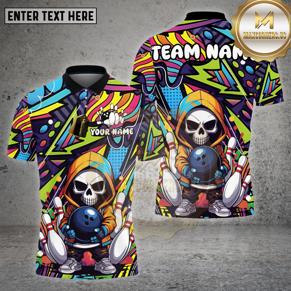 Maxcorners Bowling Shirt Neon Skull Hoodie Graffiti Style Personalized Name, Team Name 3D Shirt (4 Colors)