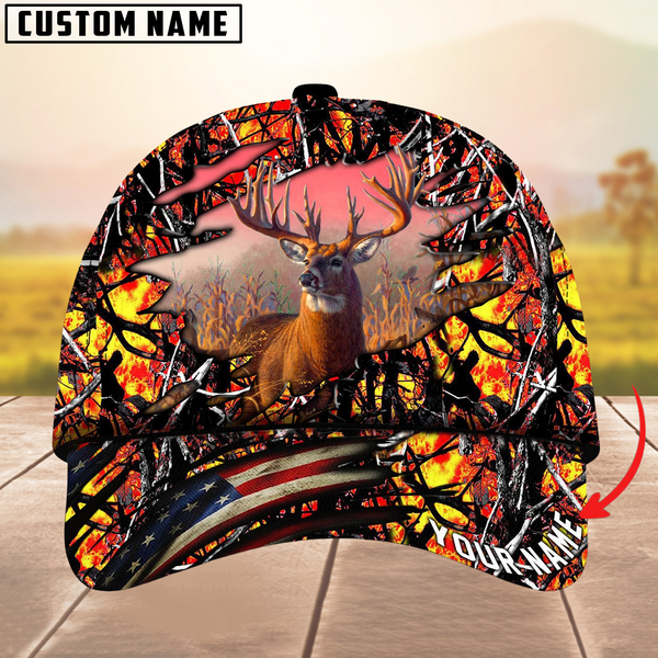 Maxcorners Deer Hunting USA Flag Crack Camouflage Pattern Multicolor Personalized Name 3D Cap