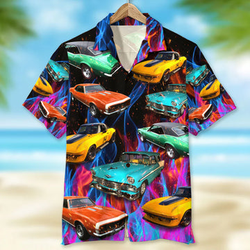 Custom Muscle Car Photo Hawaiian Shirt, Colorful Flame Pattern