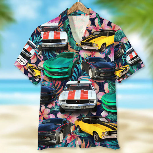 Custom Muscle Car Photo Hawaiian Shirt, Tropical Plants And Hibiscus Flowers Pattern, Summer Gift