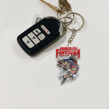 Maxcorners Walleye Fishing Keychain Hooked On Freedom American Flag Fish Design Personalized Name 2D Keychain