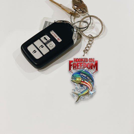Maxcorners Mahi-mahi Fishing Keychain Hooked On Freedom American Flag Fish Design Personalized Name 2D Keychain