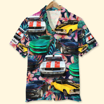 Maxcorners Custom Muscle Car Photo Tropical Plants And Hibiscus Flowers Pattern Hawaiian Shirt