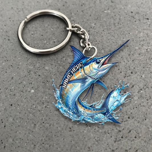Maxcorners Marlin Fishing Keychain Fish Water Splash Art Personalized Name 2D Keychain
