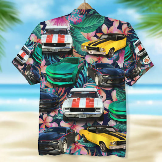 Custom Muscle Car Photo Hawaiian Shirt, Tropical Plants And Hibiscus Flowers Pattern, Summer Gift