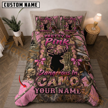 MaxcorneHunting Pretty In Pink Deer Woodland Camo 3D Bedding Set Custom Name