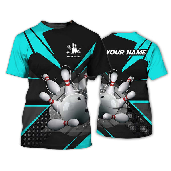 MaxCorners Bowling And Pins Black And Cyan Pattern Customized Name, Team Name 3D Darts Polo Shirt For Men